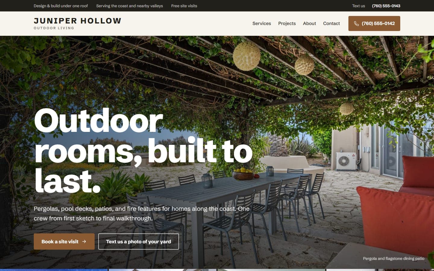 Home page of the Juniper Hollow Outdoor example site on a desktop screen