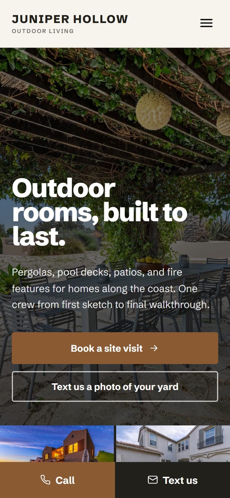 Home page of the Juniper Hollow Outdoor example site on a phone