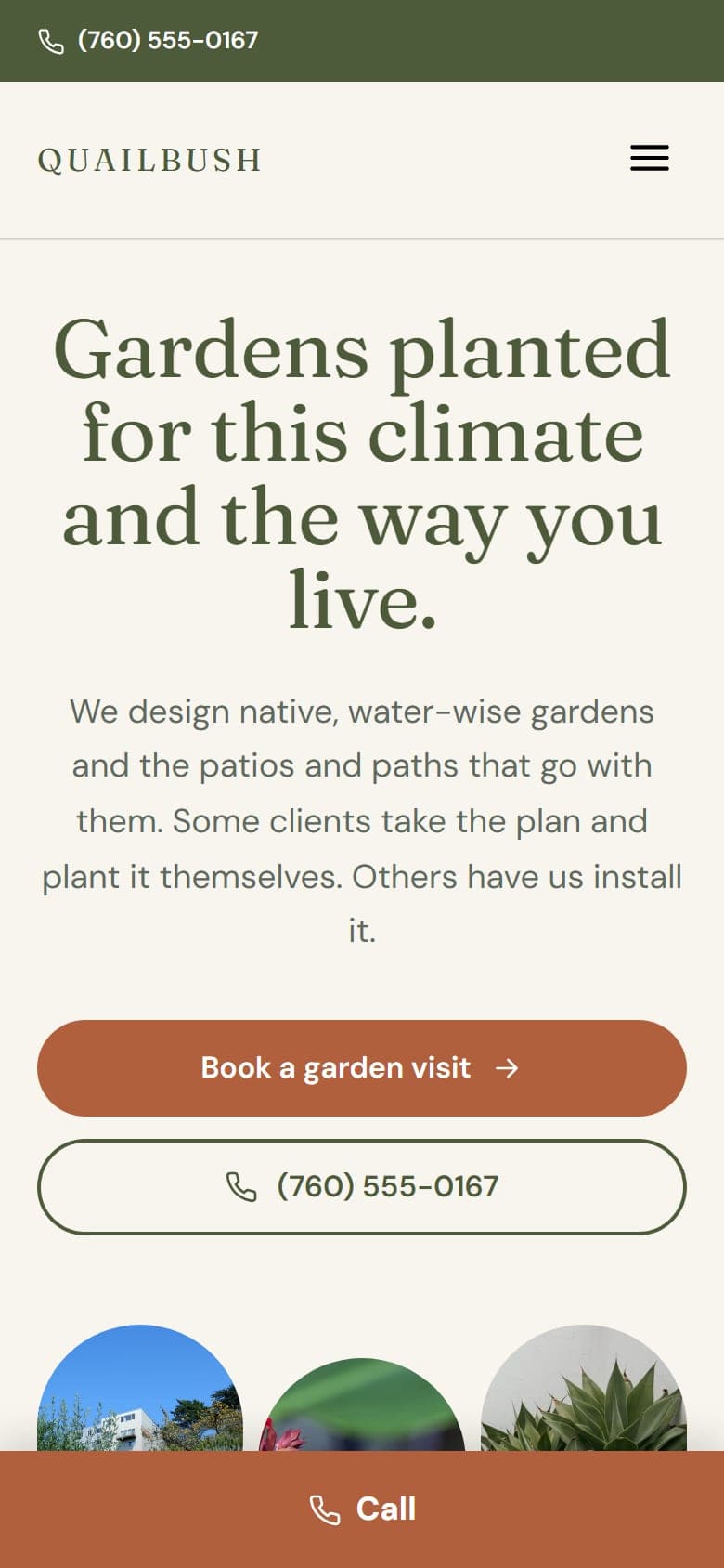 Home page of the Quailbush Garden Studio example site on a phone