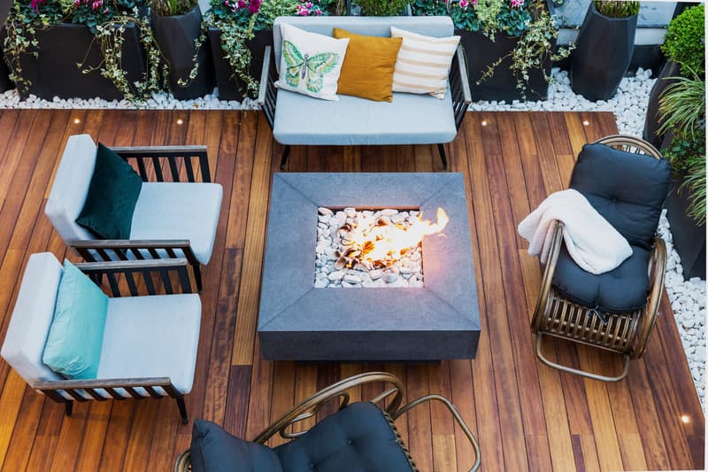 Fire table on a wood deck