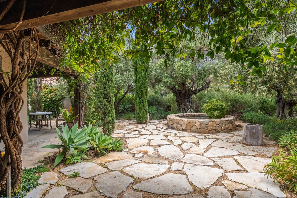 Flagstone courtyard with planting and a stone fire ring