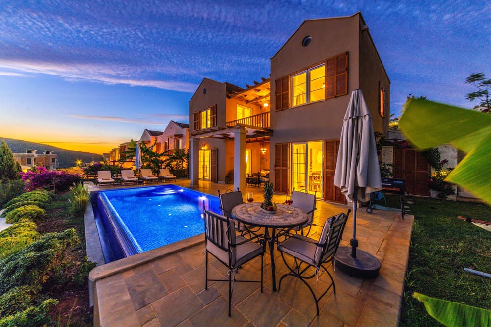 Pool terrace at dusk