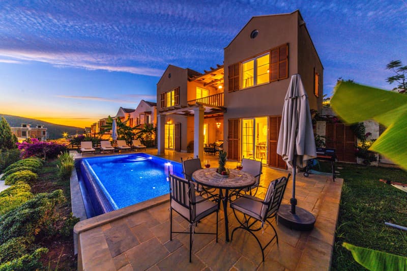 Pool terrace at dusk